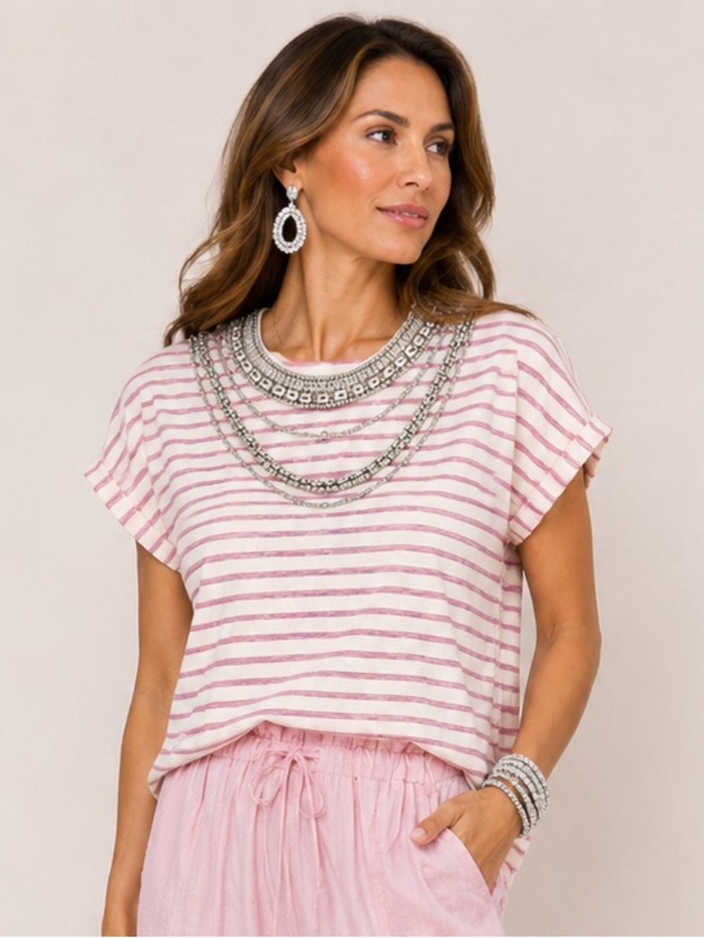 Cream & Pink  Ribbed Stripe Top with Rhinestone Embellished Neckline